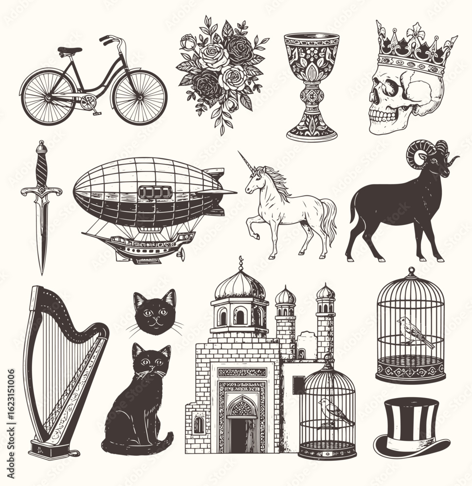 Fototapeta premium Vintage-style illustrations featuring animals, unicorn, airship, skull, sword, house, cat, crown, bicycle, flowers, and objects.