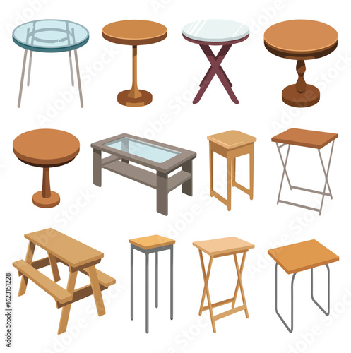 Isolated 3D render of a brown wooden furniture set, including a table and chairs, for home or office interior design