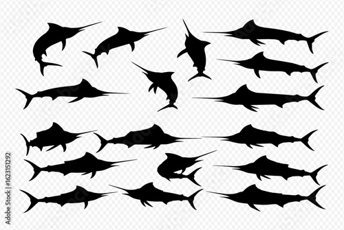 A collection of black marlin and swordfish silhouettes in dynamic swimming and leaping poses.