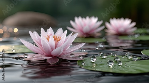 Fototapeta Naklejka Na Ścianę i Meble -  Beautiful pink water lilies bloom with dew-covered petals, creating a dreamy romantic atmosphere against a dark blue background