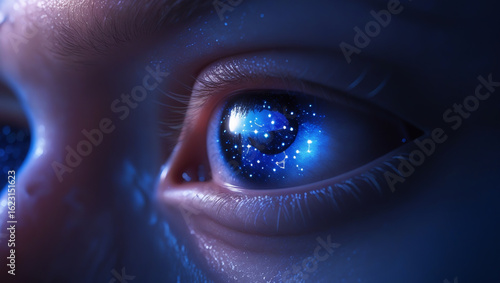 Close-Up of Human Eye Reflecting Starry Night Sky