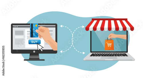 Illustration of an e-commerce transaction showing online payment with a credit card and a digital storefront