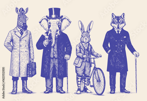 Vintage animal characters dressed as Victorian gentlemen, engraving illustration of people with animal head
