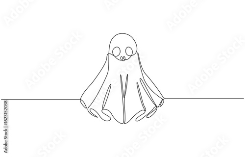 Continuous one line drawing of ghost cloth floating on the ceiling, representing the supernatural presence of Halloween spooky concept one line vector illustration.