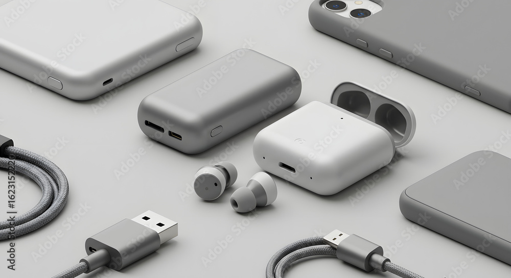 Fototapeta premium Minimalist grey tech essentials showcase: power banks, earbuds, phone and usb cables on grey