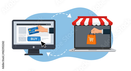 Conceptual illustration of the online shopping process, from credit card payment on a website to receiving goods from a digital storefront.
