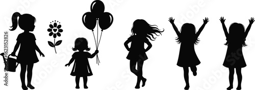 PrintChildren silhouette holding balloons, watering plants, celebrating together, joyful outdoor play, fun childhood activity, happy kids illustration, carefree youth moment