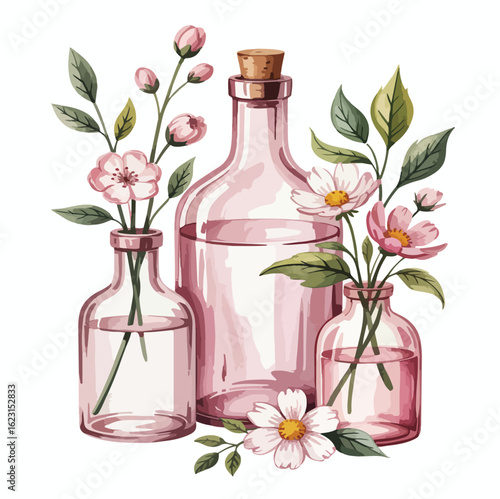 White flowers and pink petals surround a bottle of beauty oil and perfume for a spa and wellness aromatherapy still life