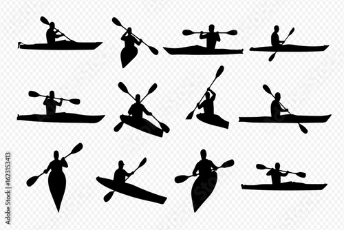 A collection of black silhouettes showing people kayaking in various poses and angles.