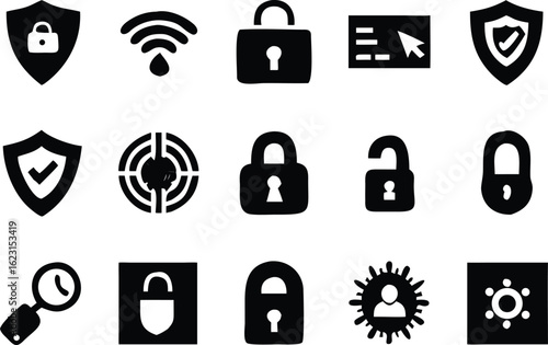 A vector icon set for web design and business with symbols for technology, finance, and media like phones, computers, and microphones