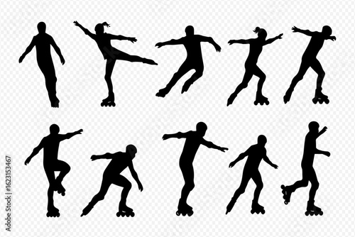 A collection of black silhouettes of people rollerblading in various dynamic and athletic poses.