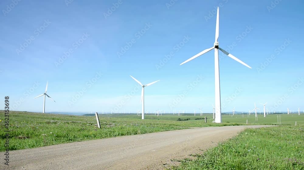 Wind turbines stand tall in a green field under a clear blue sky Wind turbines stand tall in a green field under a clear blue sky
