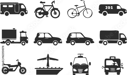 Transportation vector icons set including cars, trucks, buses, taxis, and delivery vans