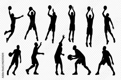 A collection of black silhouettes showing basketball players in various dynamic action poses.
