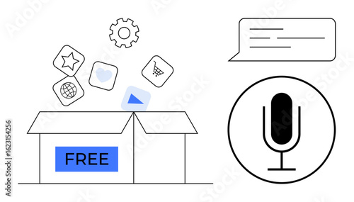 Open box labeled FREE with app icons, gear, and microphone, combined with speech bubble. Ideal for tech, innovation, communication, apps, voice technology digital tools simple landing page