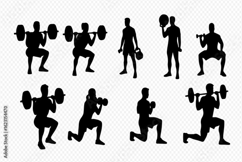 A set of black silhouettes depicting men and women performing various strength training exercises like squats and lunges with weights.