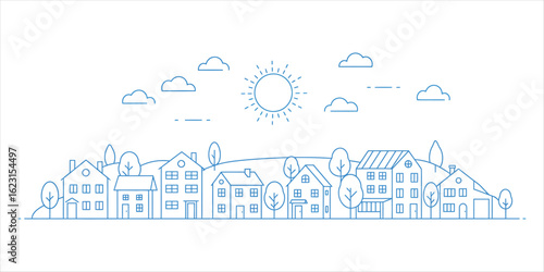 Blue line art cityscape with houses trees sun and clouds on white background town buildings