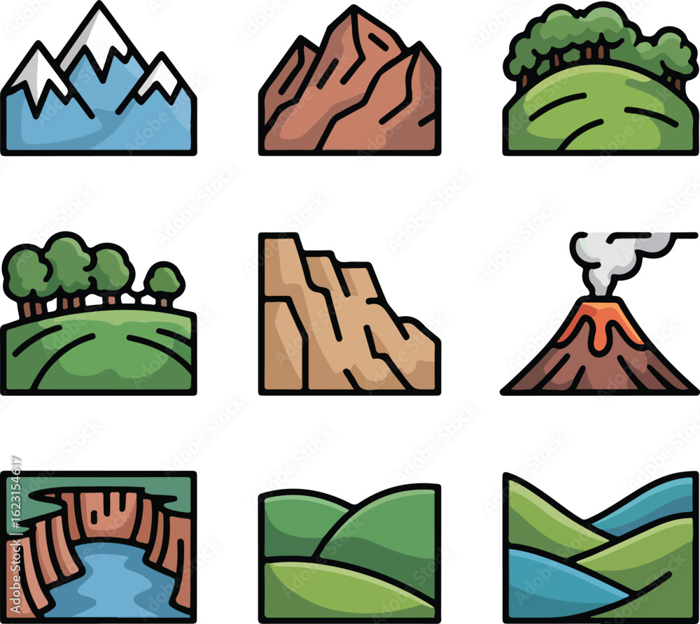 Obraz premium Nine stylized nature landscape icons mountain snow