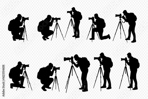 A collection of black silhouettes showing a photographer with a backpack using a camera on a tripod in various standing, crouching, and kneeling poses.