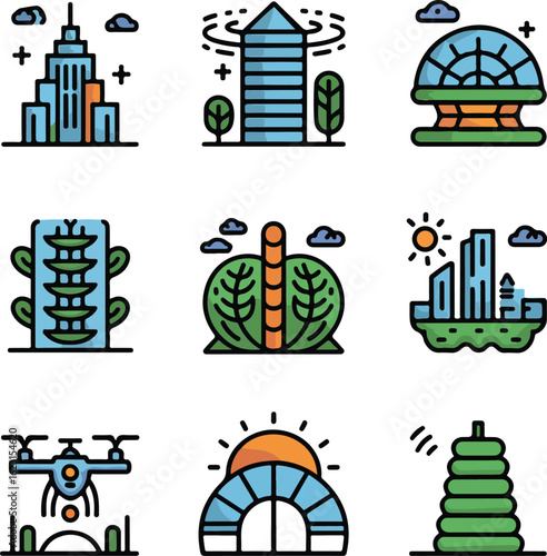 Futuristic city icons with nature and technology elements