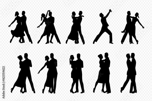 Silhouette collection of couples ballroom dancing, showcasing various elegant poses and steps.