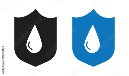 water protection icons, shield with water drop symbol in black and blue