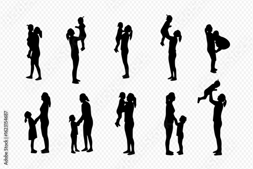 Silhouettes of mothers and children, various playful poses.