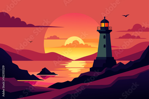 Lighthouse silhouette against a vibrant sunset sky over the ocean beach