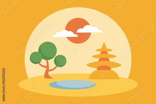 Vector illustration of a tropical beach landscape with palm trees, sand, ocean, and a summer sunset sky