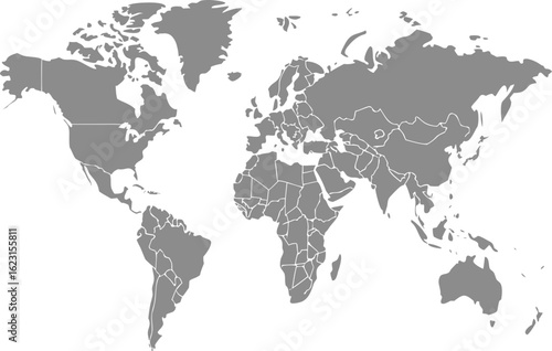 Gray world map showing continents and countries