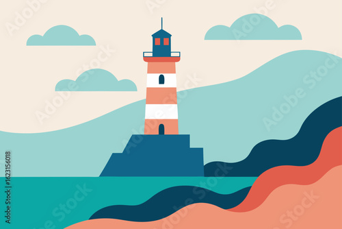 A towering white lighthouse stands as a safety beacon on a rocky island, guiding ships along the coast under a vast sky