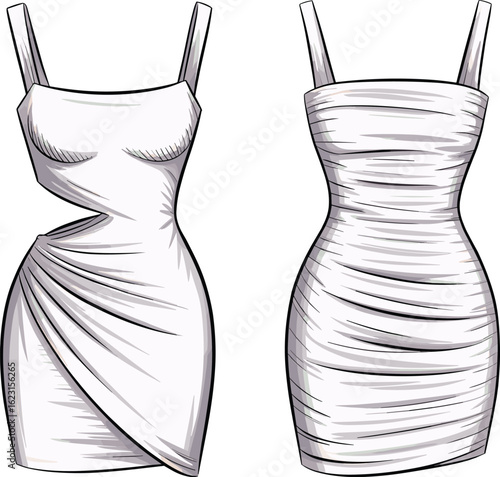 PrintElegant women’s bodycon dress fashion sketch, front view technical illustration, fitted silhouette with draping details for clothing design reference.