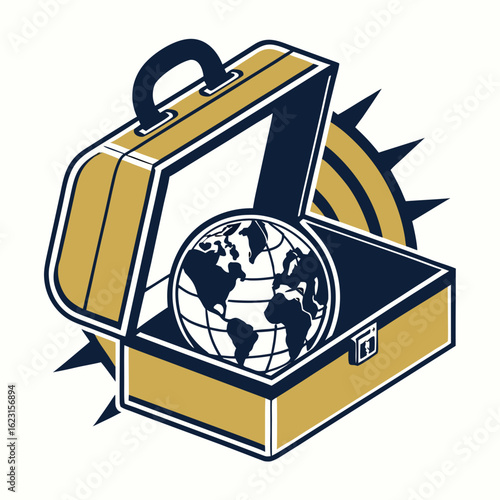 Open suitcase with globe and compass illustration, travel and adventure concept