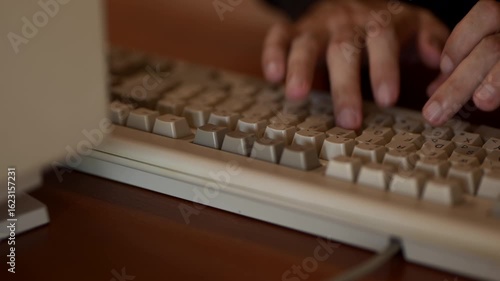 A close-up footage showing a person’s hands typing on a vintage beige computer keyboard connected to an old desktop computer.