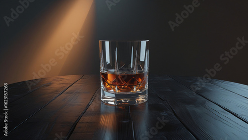 Empty Whiskey Glass on Wooden Table with Dramatic Lighting