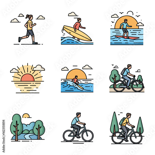 A collection of modern line art icons depicting various outdoor recreational activities like running, surfing, and cycling.