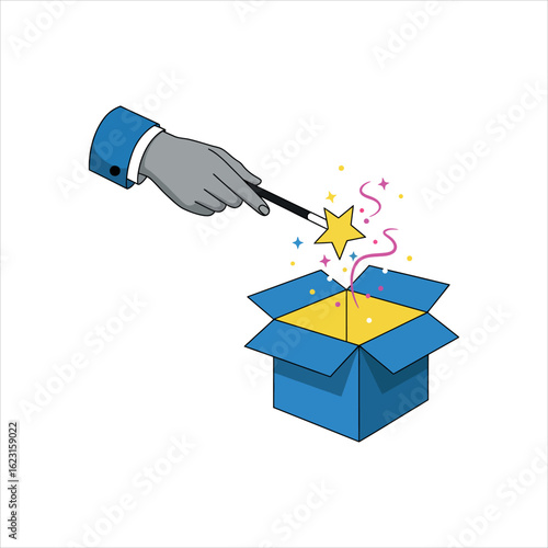 Hand with magic wand conjuring yellow star and confetti from blue box open box