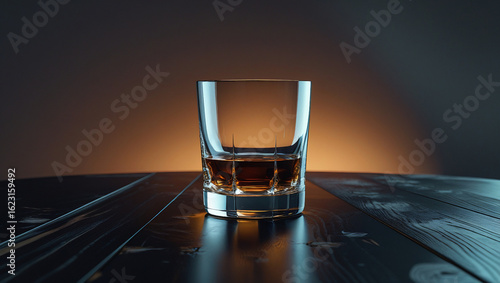 Single Whiskey Glass with Shadows on Dark Reflective Table