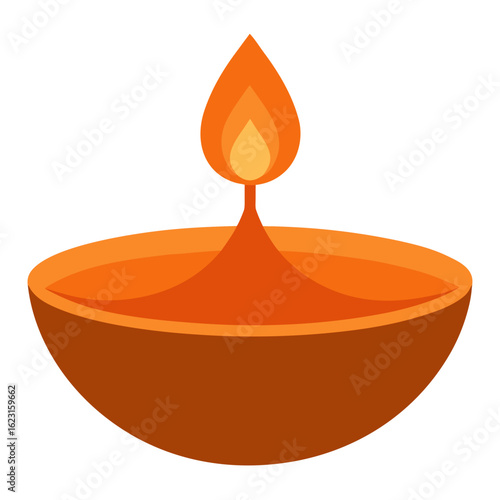 A simple stylized illustration of a lit diya oil lamp with a warm orange glow