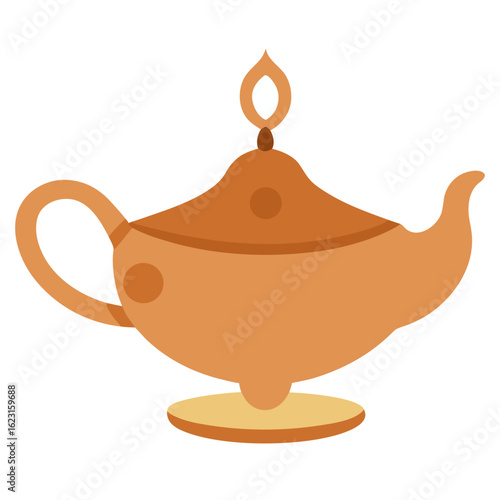 A stylized cartoonish illustration of an ancient oil lamp with a lit flame and a golden hue