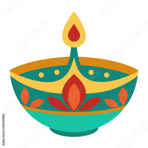 A brightly colored decorative diya lamp with a flame symbolizing light and celebration