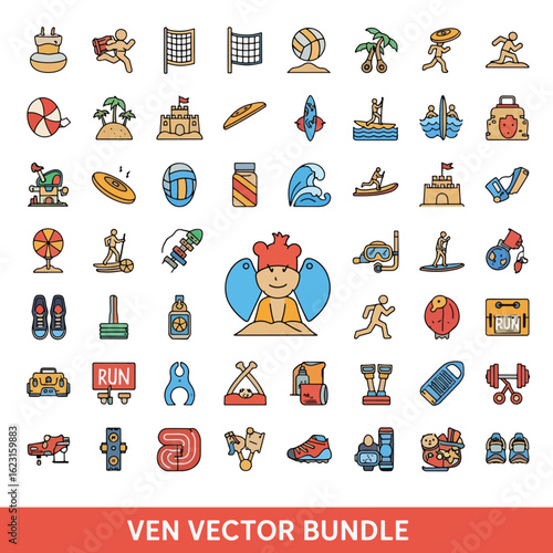 A colorful vector icon set depicting summer vacation, beach activities, and outdoor sports.