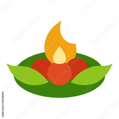 Stylized diya with flame and leaves representing diwali celebration and light