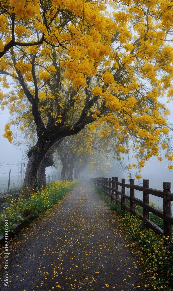Naklejka premium Misty path lined with yellow flowers