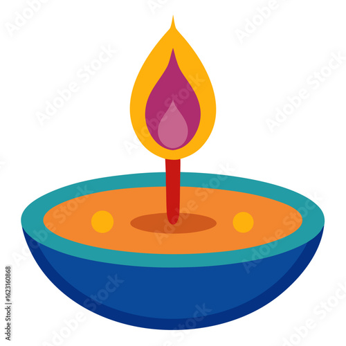 Stylized diya lamp with a vibrant flame burning brightly on a festive occasion
