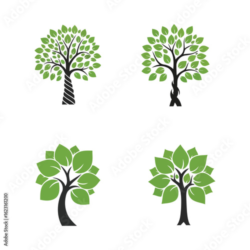 Four stylized green tree logo designs; nature, growth, ecology, environment, corporate branding, vector illustrations.