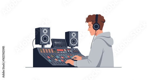 Sound engineer mixing music with a professional audio mixer and headphones