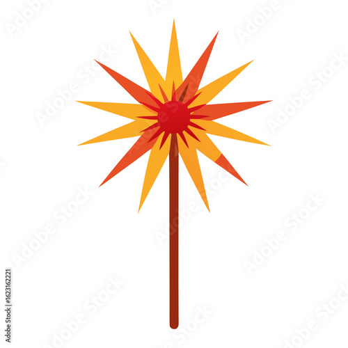 Stylized starburst or flower design with red center and orange yellow petals