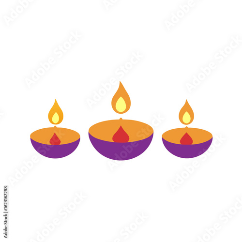 Three brightly burning diyas with purple and orange bowls on a black background
