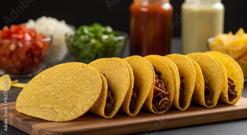 different taco shell varieties (hard, soft, corn, flour) ready for filling, neatly stacked, with a blurred background of taco bar condiments, crisp focus, studio lighting, 